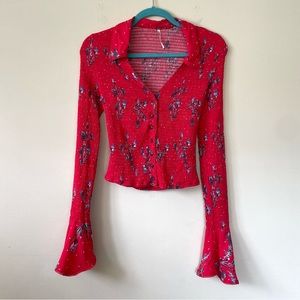 Free People NWOT Amelia Red Printed Smocked Bell Sleeve Blouse Size XS